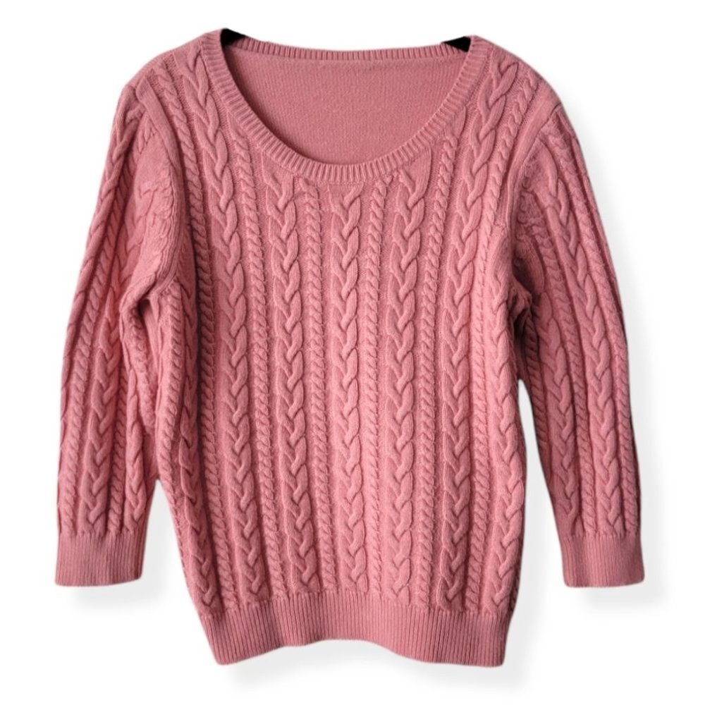 VINTAGE Pink Chunky Cable Knit Scoop Neck Sweater Pullover